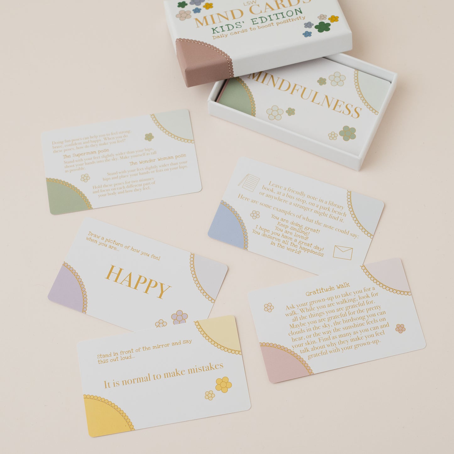 Mindfulness cards with a box labeled 'Mindfulness Kids Edition' on a beige background
